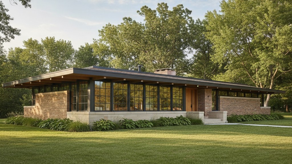 Low modern home with deep cantilevered eaves and horizontal brick beneath mature oaks