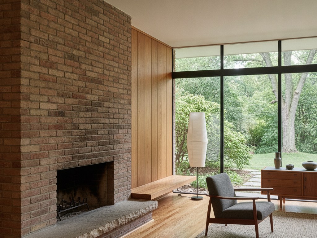 Mid-century living room with a Roman-brick fireplace, walnut paneling and a glass wall to the garden