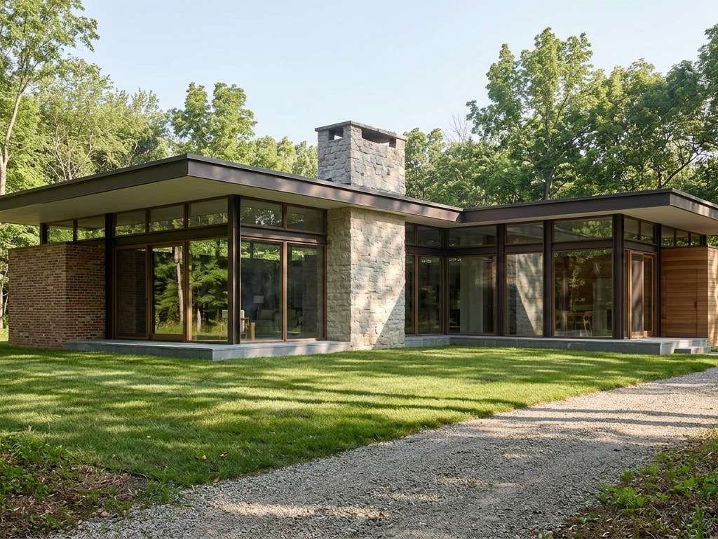 Steel-and-glass pavilion home at a woodland edge in summer